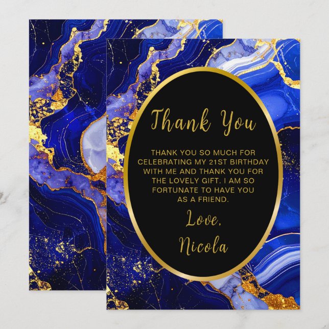 Tarjeta De Agradecimiento Royal Blue and Gold Marble Agate Birthday Party (Anverso / Reverso)