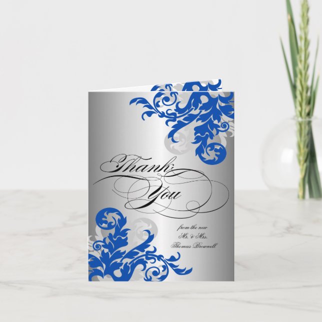 Tarjeta De Agradecimiento Royal Blue and Silver Flourier Boda Gracias (Anverso)