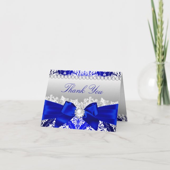 Tarjeta de agradecimiento Royal Blue Damask & Pear (Anverso)