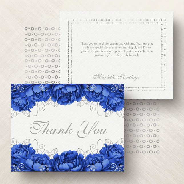 Tarjeta De Agradecimiento Royal Blue Elegal Floral Quinceanera (Subido por el creador)
