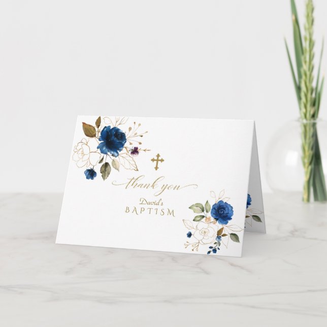 Tarjeta De Agradecimiento Royal Blue Floral Gold Frame Cross Boy Baptism (Anverso)