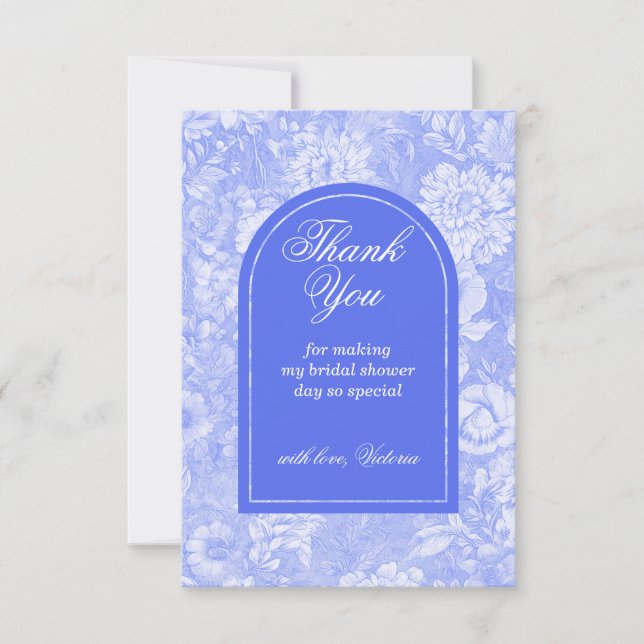 Tarjeta De Agradecimiento Royal Blue Floral Victorian Bridal Shower (Anverso)