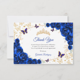 Tarjeta De Agradecimiento Royal Blue Gold Floral Quinceanera