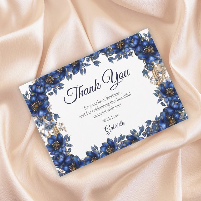 Tarjeta De Agradecimiento Royal Blue Golden Tiara Floral Quinceañera (Subido por el creador)