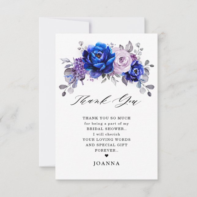 Tarjeta De Agradecimiento Royal Blue Lilac Purple Floral Bridal Shower (Anverso)