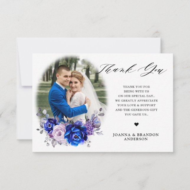 Tarjeta De Agradecimiento Royal Blue Lilac Purple Floral Wedd Gracias Tarjet (Anverso)
