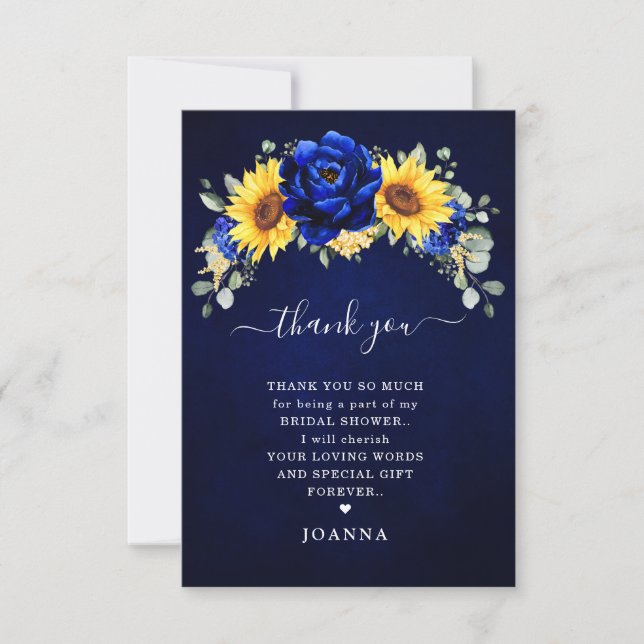 Tarjeta De Agradecimiento Royal Blue Rustic Sunflower Moderno Bridal Shower  (Anverso)