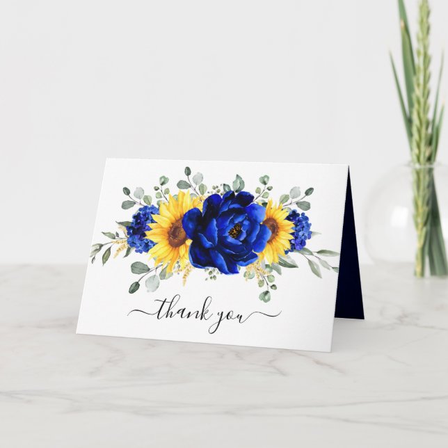 Tarjeta De Agradecimiento Royal Blue Rustic Sunflower Moderno Bridal Shower (Anverso)