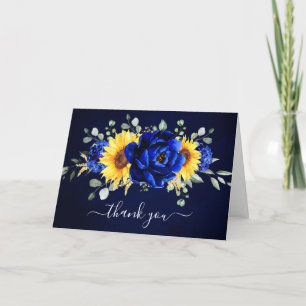Tarjeta De Agradecimiento Royal Blue Rustic Sunflower Moderno Bridal Shower 