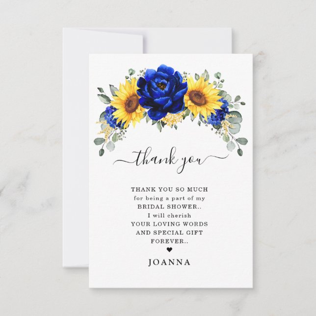 Tarjeta De Agradecimiento Royal Blue Rustic Sunflower Moderno Bridal Shower (Anverso)