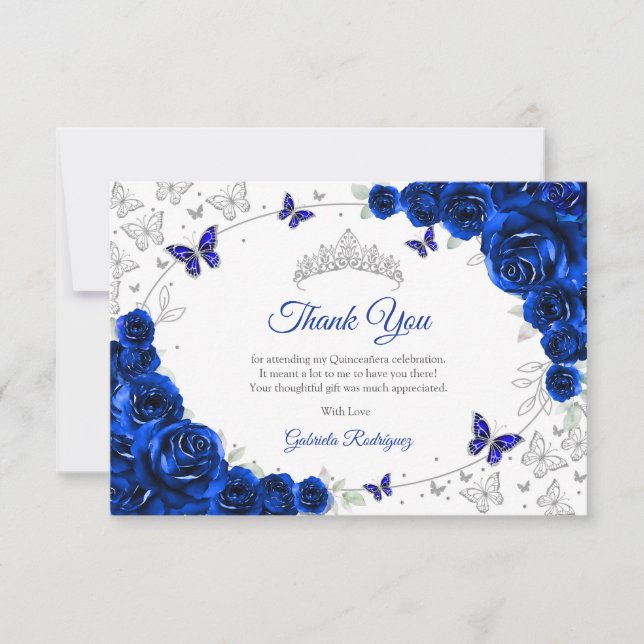 Tarjeta De Agradecimiento Royal Blue Silver Floral Quinceanera (Anverso)