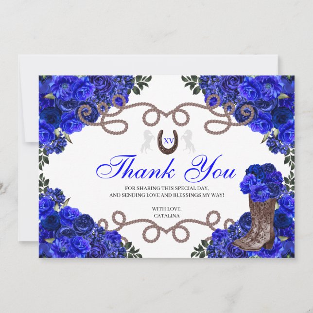 Tarjeta De Agradecimiento Royal Blue Western Charra Quinceanera Gracias (Anverso)