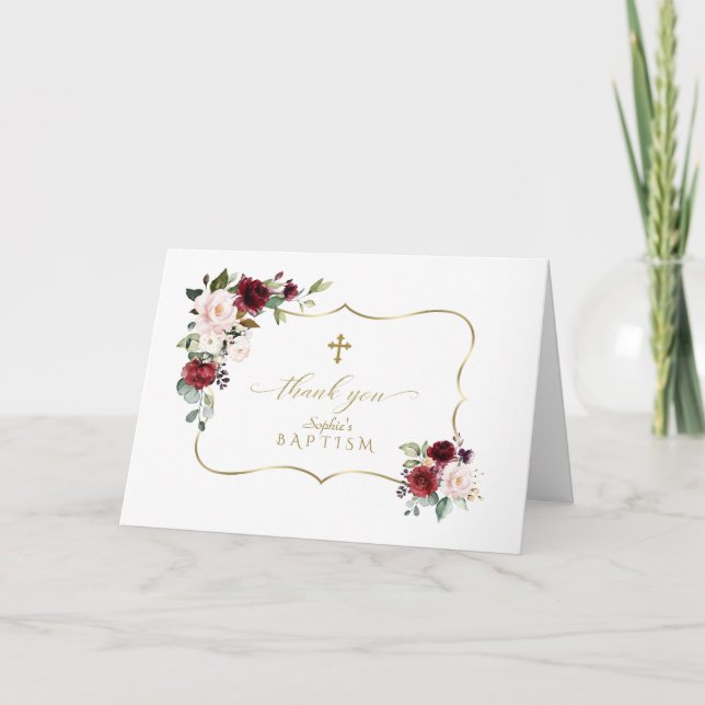Tarjeta De Agradecimiento Royal Burgundy Floral Gold Frame Cross Baptism (Anverso)