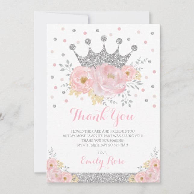 Tarjeta De Agradecimiento Royal Princess Crown Rubor Pink Silver Cumpleaños (Anverso)