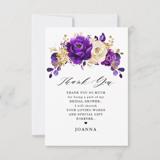 Tarjeta De Agradecimiento Royal Purple Violet Gold Floral Bridal Shower (Anverso)