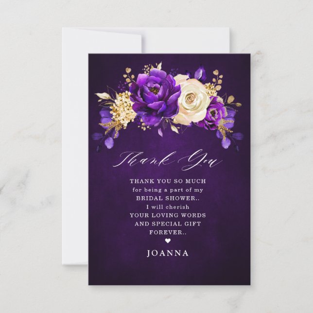 Tarjeta De Agradecimiento Royal Purple Violet Gold Floral Bridal Shower Than (Anverso)