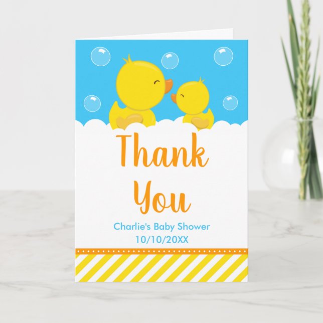 Tarjeta De Agradecimiento Rubber Ducky Baby Shower amarillo y azul (Anverso)