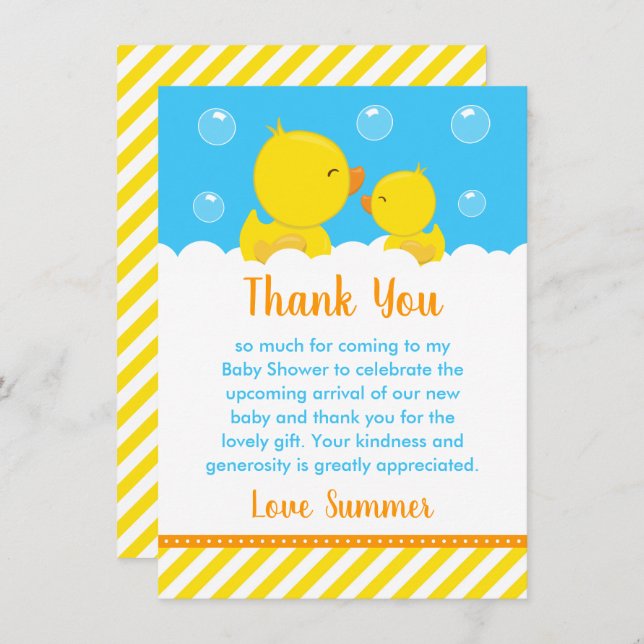 Tarjeta De Agradecimiento Rubber Ducky Baby Shower amarillo y azul (Anverso / Reverso)