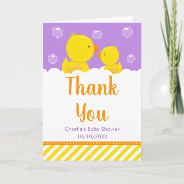 Tarjeta De Agradecimiento Rubber Ducky Baby Shower amarillo y morado (Anverso)