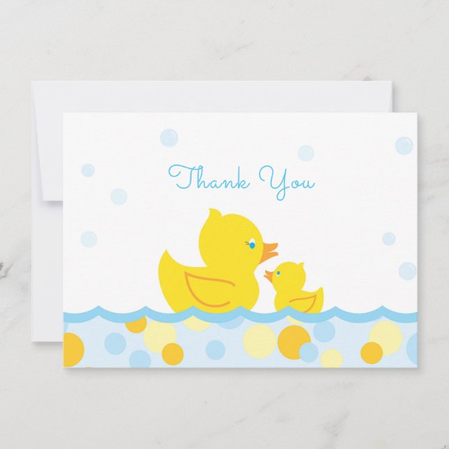 Tarjeta De Agradecimiento Rubber Ducky Baby Shower Gracias azul y amarillo (Anverso)