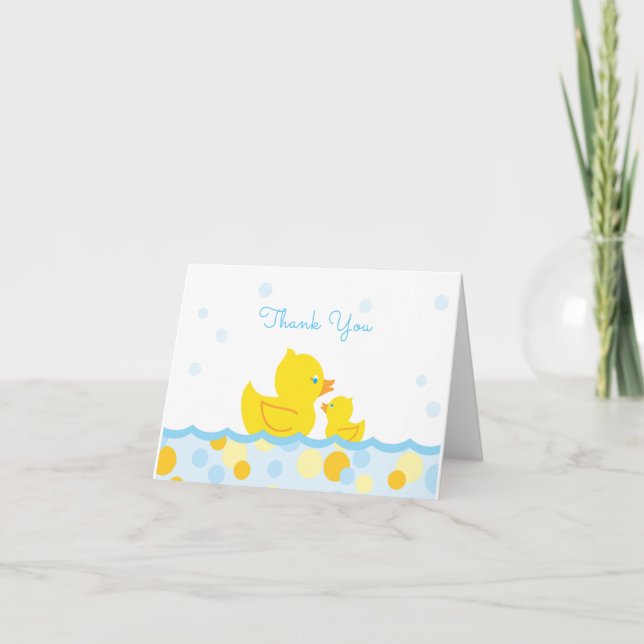 Tarjeta De Agradecimiento Rubber Ducky Baby Shower Gracias azul y amarillo (Anverso)