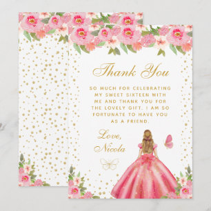 Tarjeta De Agradecimiento Rubia de cabello con flores rosadas Princesa Cumpl