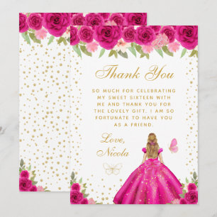 Tarjeta De Agradecimiento Rubio Cabello Floral Rosa Caliente Princesa Dulces