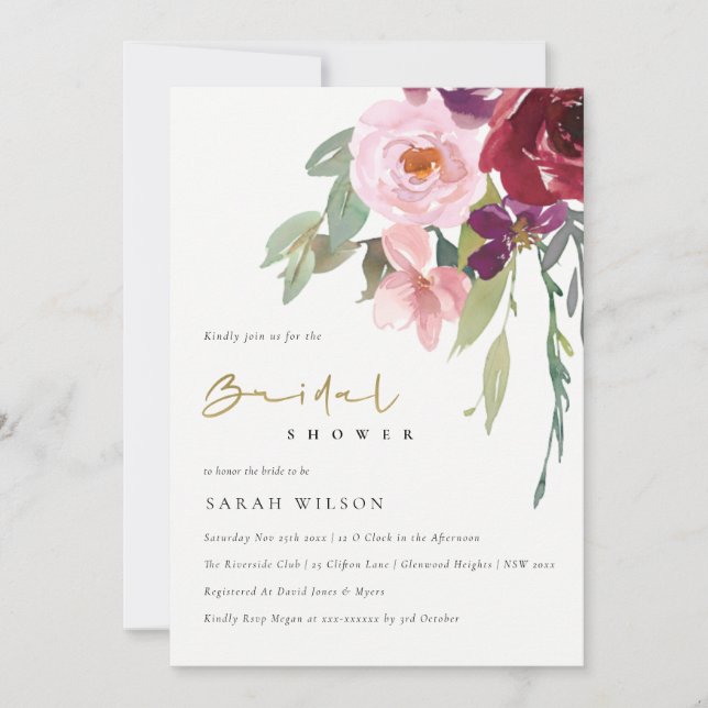 TARJETA DE AGRADECIMIENTO RUBOR BURGUNDY PEACH FLORAL BRIDAL SHOWER INVITE (Anverso)