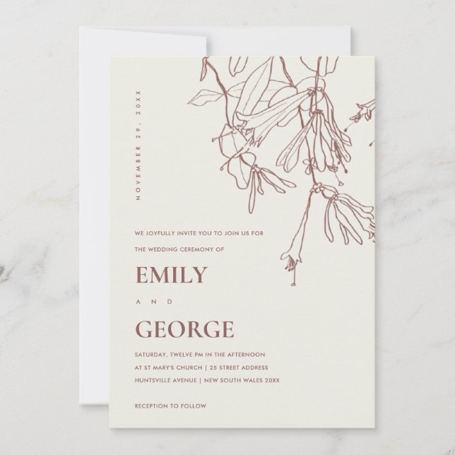 TARJETA DE AGRADECIMIENTO RUBOR CREAM LINE DRAWING FLORAL WEDDING INVITE (Anverso)