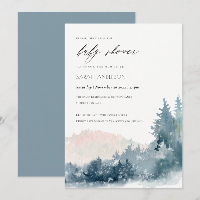 TARJETA DE AGRADECIMIENTO RUBOR DUSKY BLUE MOUNTAINS PINE BABY SHOWER INVITE (Anverso / Reverso)