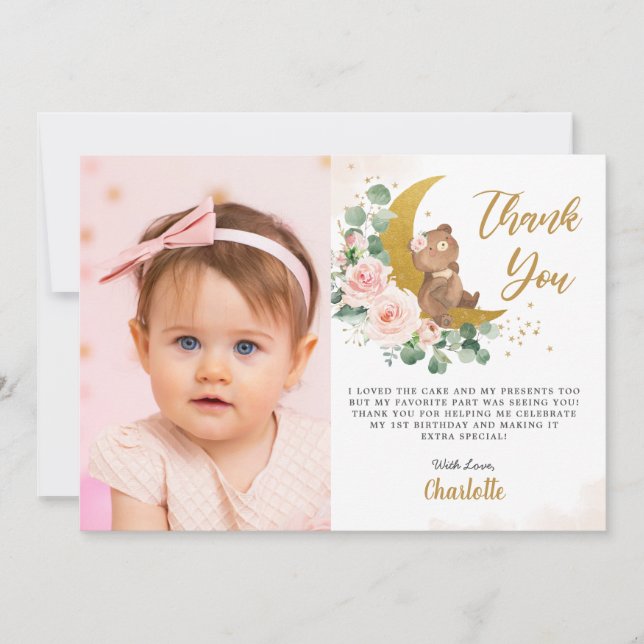 Tarjeta De Agradecimiento Rubor Floral Bear Crescent Moon Birday Photo (Anverso)