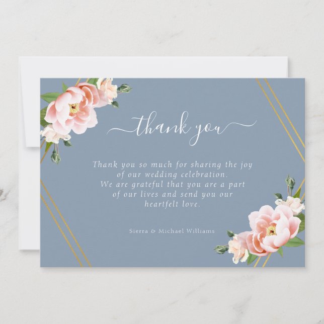Tarjeta De Agradecimiento Rubor Floral Gold Geometric Dusty Blue Boda (Anverso)