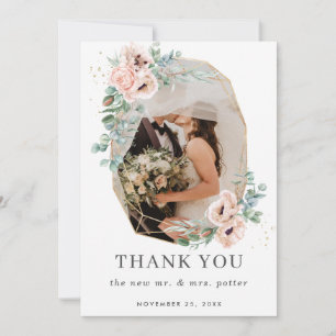 Tarjeta De Agradecimiento Rubor Floral Greenery Gold Geométrico Photo Boda