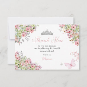 Tarjeta De Agradecimiento Rubor Floral Rosa y Verde Mariposa Quinceañera