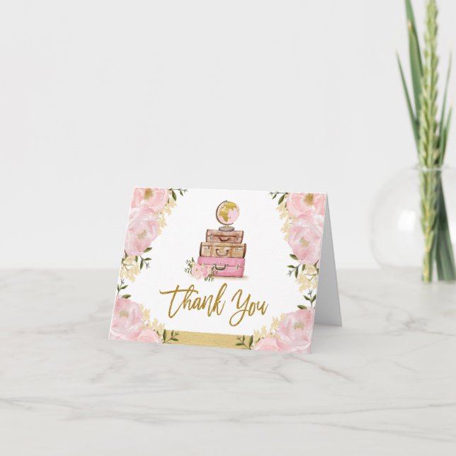 Tarjeta De Agradecimiento Rubor Gold Floral Travel Suitcase Bridal Shower (Anverso)