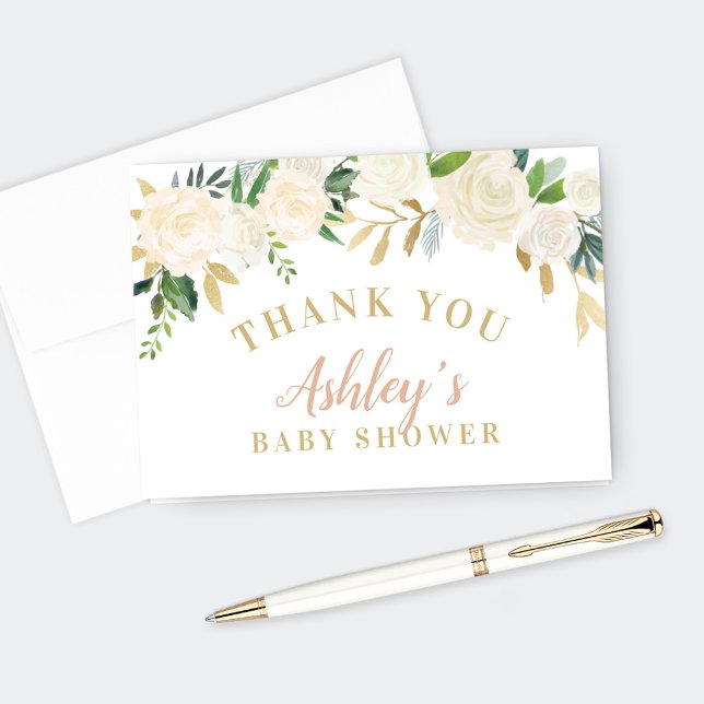 Tarjeta De Agradecimiento Rubor Gold y Green Floral Baby Shower (Subido por el creador)