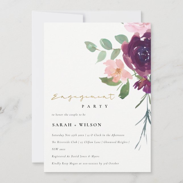 TARJETA DE AGRADECIMIENTO RUBOR MARSALA RED ROSE FLORAL ENGAGEMENT INVITE (Anverso)