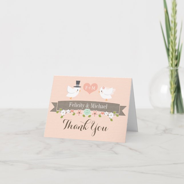 TARJETA DE AGRADECIMIENTO RUBOR MONOGRAM LOVE BIRDS DOVE BODA GRACIAS (Anverso)