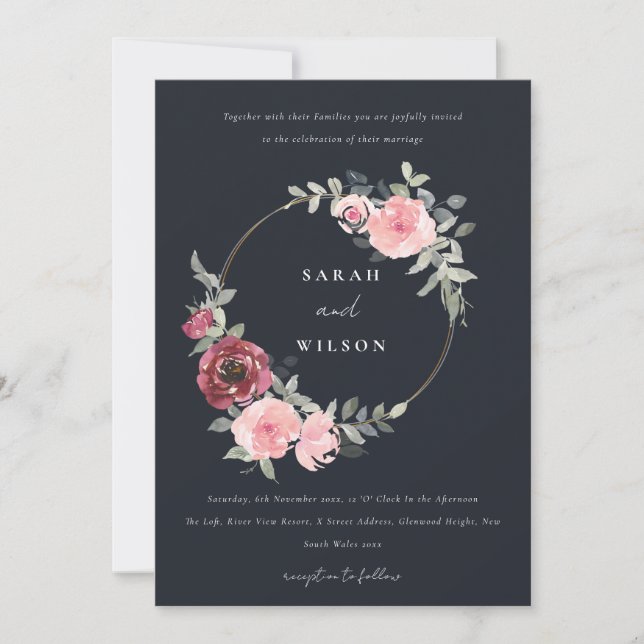 Tarjeta De Agradecimiento Rubor NEGRO BURGUNDY FLORAL WREATING WEDDING INVIT (Anverso)