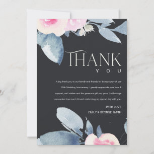TARJETA DE AGRADECIMIENTO RUBOR NEGRO FLORAL AZUL 25 ANIVERSARIO DE CUALQUIE