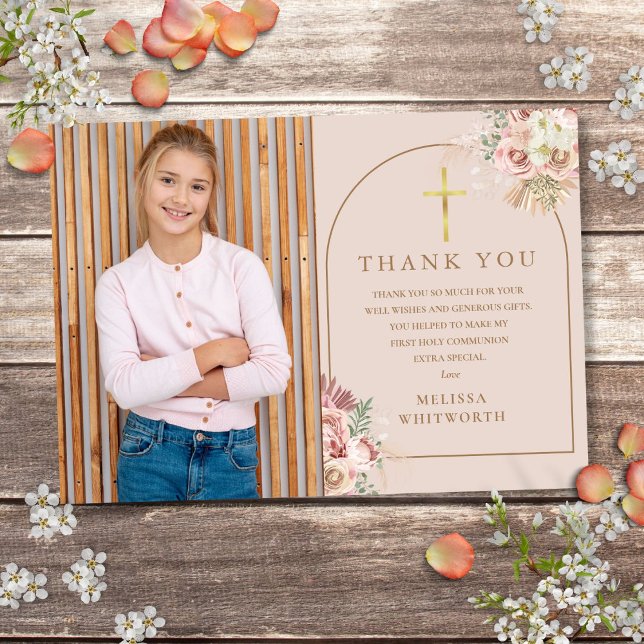 Tarjeta De Agradecimiento Rubor Pampas Oro Rosa Primer Comunión Sagrada (Blush Pink Gold Pampas Grass First Holy Communion Thank You Card)