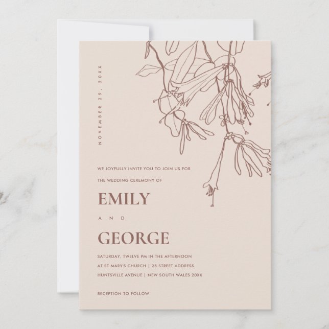 TARJETA DE AGRADECIMIENTO RUBOR PASTEL LINE DRAWING FLORAL WEDDING INVITE (Anverso)