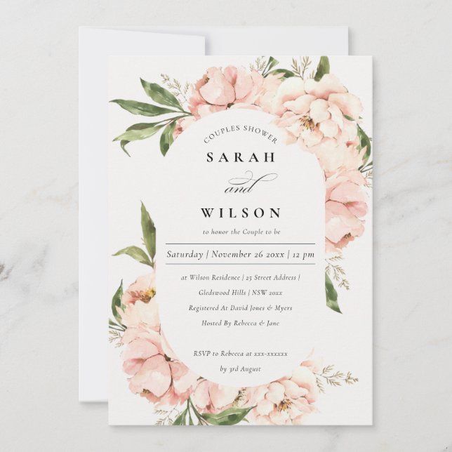 Tarjeta De Agradecimiento Rubor Peach Floral Cápsulas Parejas Ducha Invitaci (Anverso)