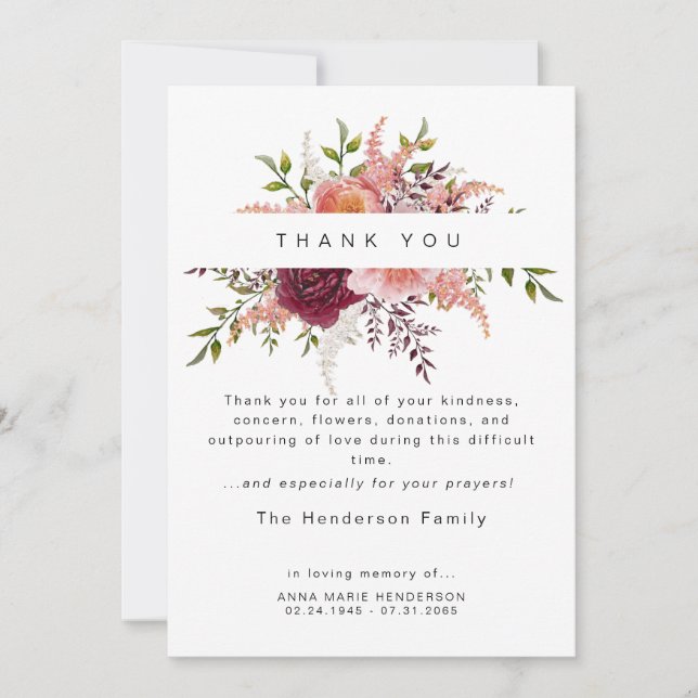 Tarjeta De Agradecimiento Rubor Peonies Floral Bereavement Funeral Gracias (Anverso)