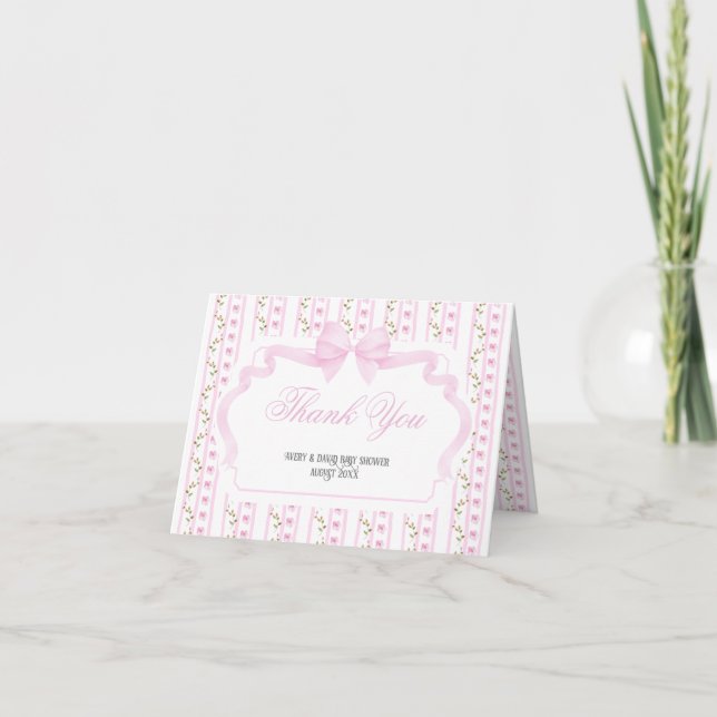 Tarjeta De Agradecimiento Rubor Pink Bows Floral Elegante Baby Shower (Anverso)