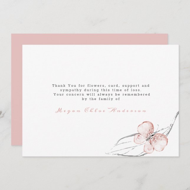 Tarjeta De Agradecimiento Rubor Pink con Funeral de la Mariposa  (Anverso / Reverso)