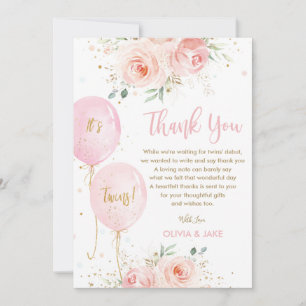 Tarjeta De Agradecimiento Rubor Pink Floral Balloons Gold Twins Baby Shower
