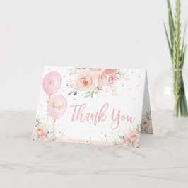 Tarjeta De Agradecimiento Rubor Pink Floral Balloons Gold Twins Baby Shower