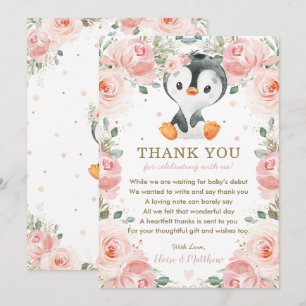 Tarjeta De Agradecimiento Rubor Pink Floral Penguin Baby Shower Cumpleaños