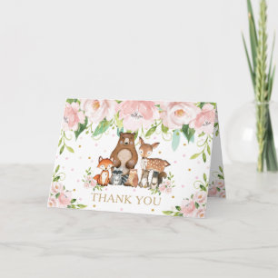 Tarjeta De Agradecimiento Rubor Pink Floral Woodland Animals Baby Shower
